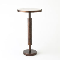 Hammered Martini Table, shown in antique bronze and brushed nickel with metal, stone, and a pedestal base.