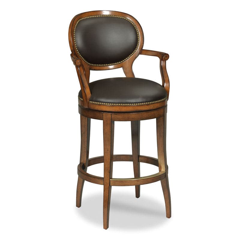 Oval Back Swivel Counter Stool, shown in warm medium brown and dark chocolate brown with hardwood and leather upholstery.