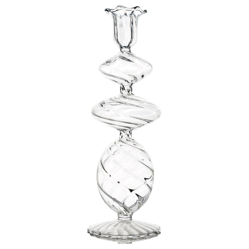 La Boheme, Candlestick, Large, Clear Set of 2, shown in clear and colorless with glass and borosilicate glass.