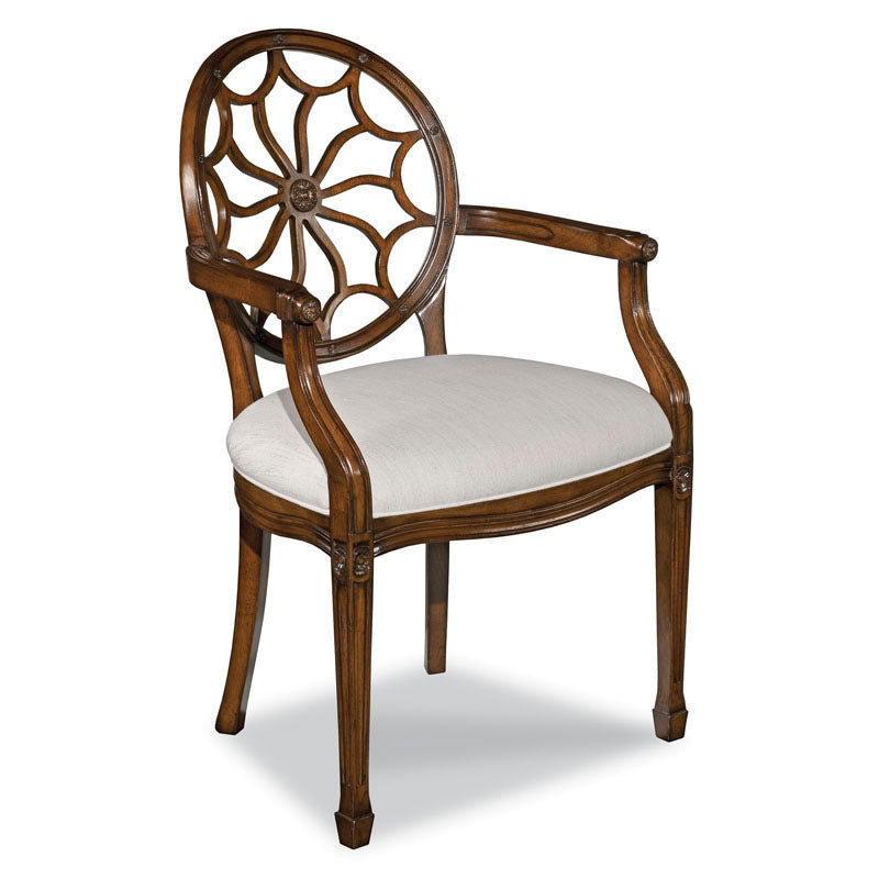 Hepplewhite Arm Chair, shown in medium brown and cream with wood, fabric, and fixed arms.