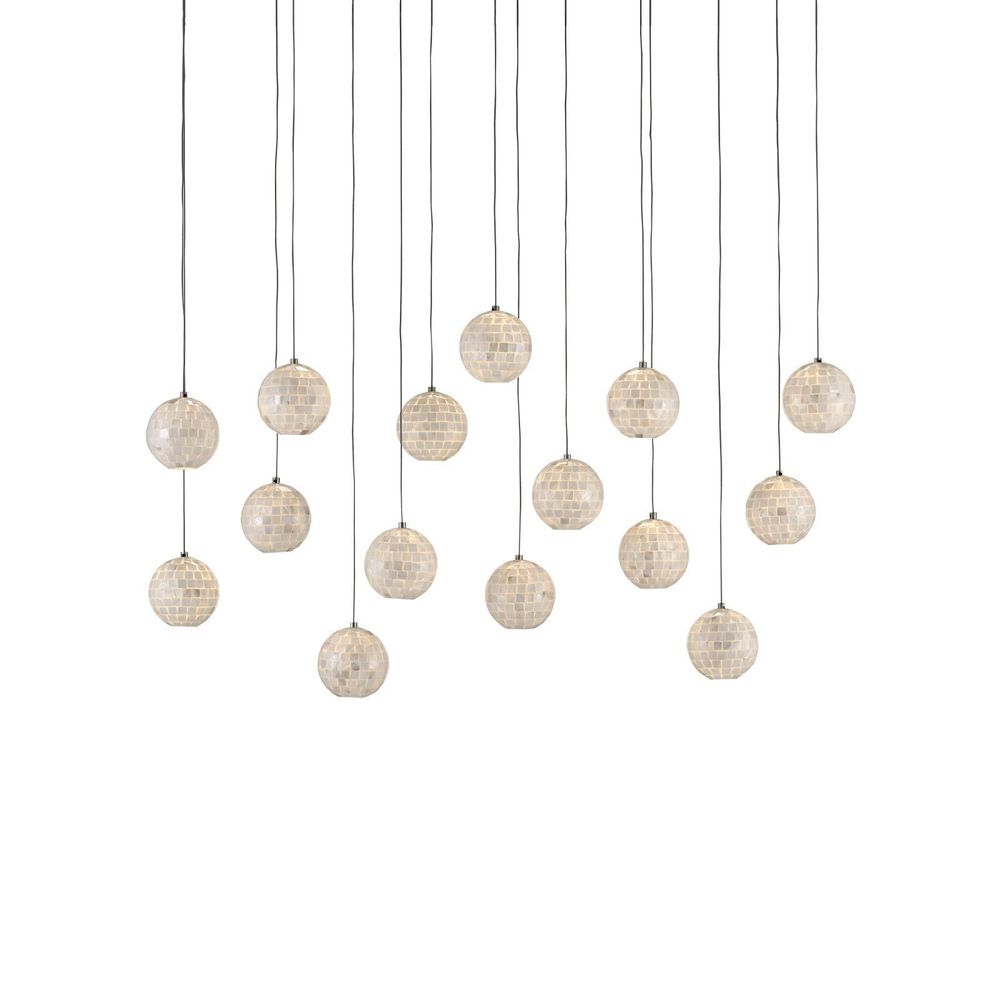 Finhorn 15-Light Linear Multi-Drop Pendant with mother of pearl, shell tile, and multi-drop pendant array.