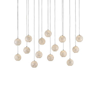 Finhorn 15-Light Linear Multi-Drop Pendant with mother of pearl, shell tile, and multi-drop pendant array.