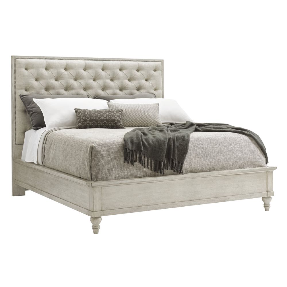 Sag Harbor Tufted Upholstered Bed 6/0 California King, shown in light gray and oyster beige with wood and upholstery fabric.