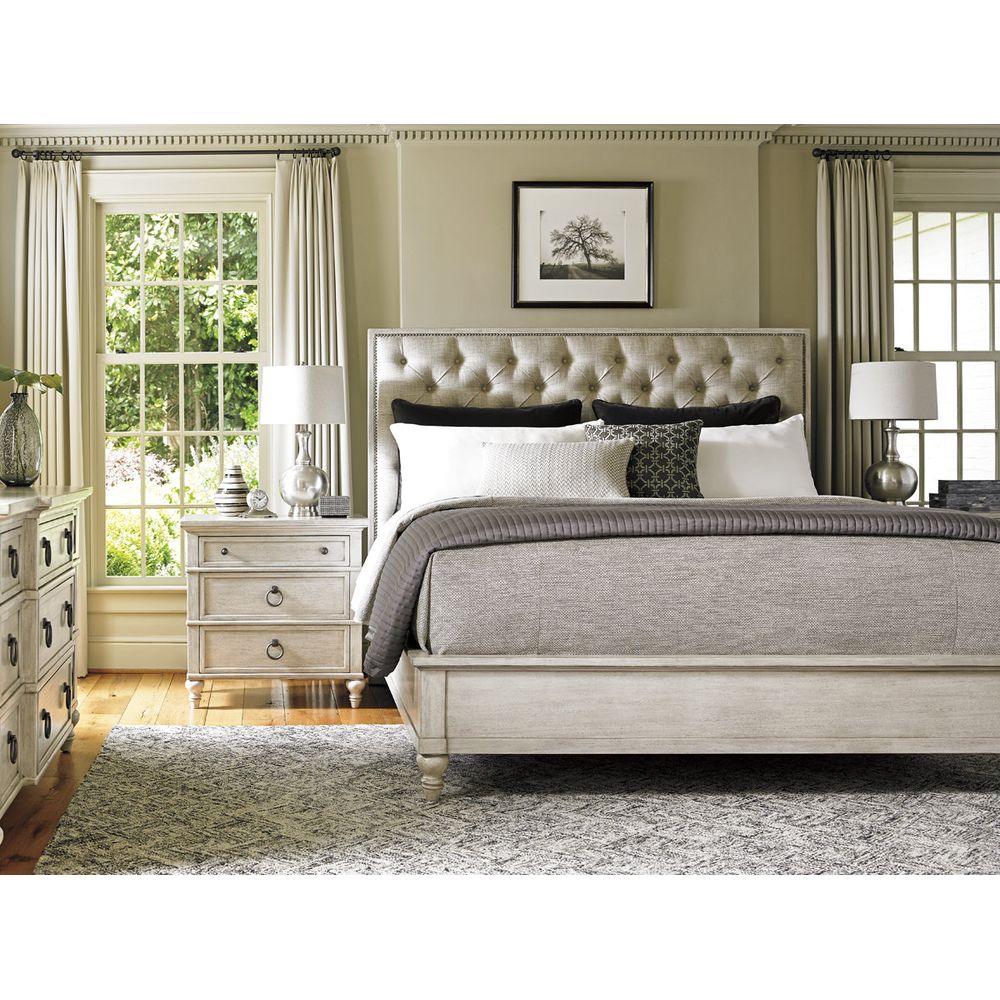 Alternate view of Sag Harbor Tufted Upholstered Bed 6/0 California King in light gray and oyster beige.