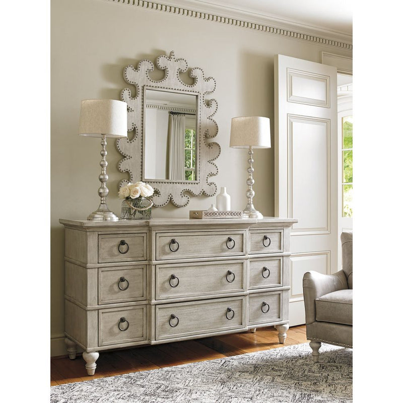 Alternate view of Barrett Triple Dresser, featuring distressed, wood, metal, and nine drawers for storage.