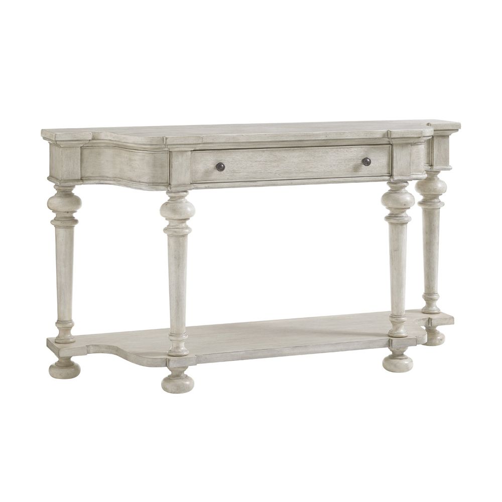 Timber Point Sideboard, shown in oyster gray and light taupe with wood and single wide centered drawer with dual knobs.