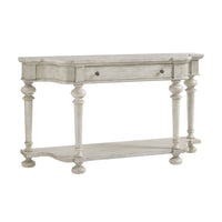 Timber Point Sideboard, shown in oyster gray and light taupe with wood and single wide centered drawer with dual knobs.