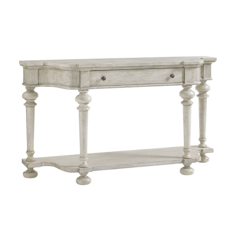 Timber Point Sideboard, shown in oyster gray and light taupe with wood and single wide centered drawer with dual knobs.