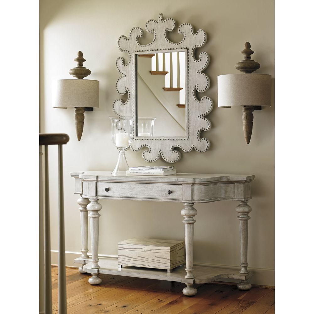Alternate view of Timber Point Sideboard in oyster gray and light taupe.