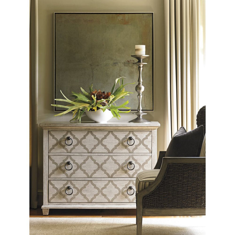 Alternate view of Brookhaven Hall Chest, featuring whitewashed, wood, metal, and three full-width drawers.