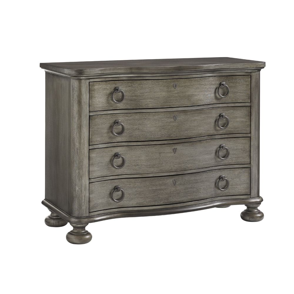 Sandy Ridge Bachelors Chest, shown in gray with wood, metal, and four drawers.