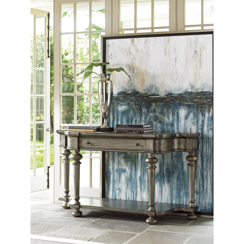 Alternate view of Sands Point Sideboard, featuring distressed painted finish, wood, metal, and single full-width drawer.