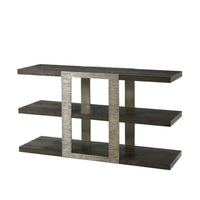 Alden Console Table, shown in dark brown and charcoal gray with wood veneer, metal, and three open display shelves.