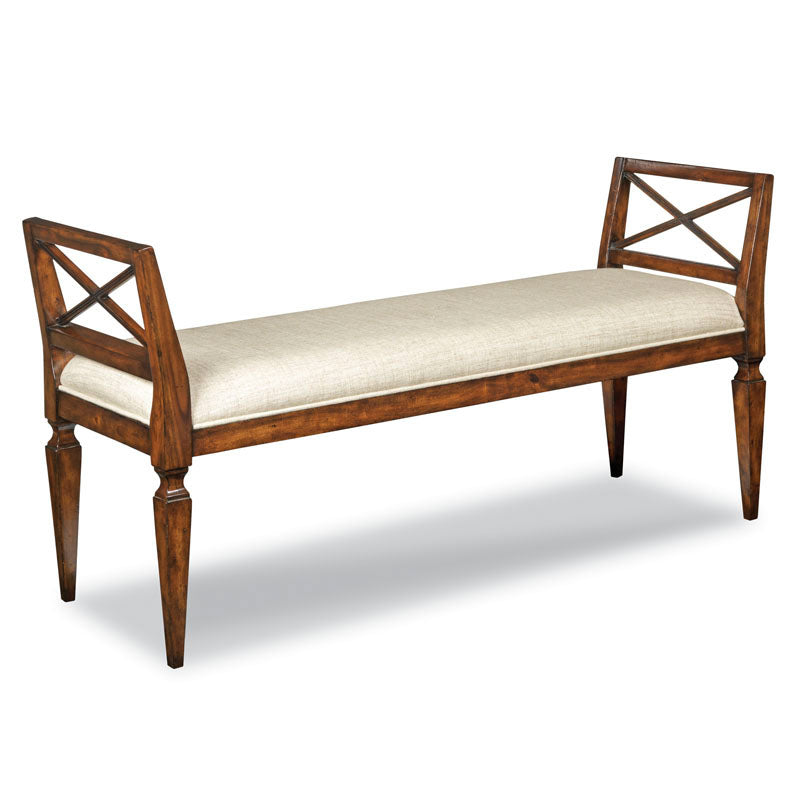 Neo-Classic Bench, shown in dark brown and cream with wood, linen fabric, and fixed open x-frame arms at both ends.