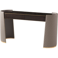 Devona Dressing Table with upholstery leather or faux leather, dark-stained wood, and two integrated front drawers.