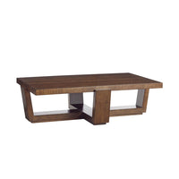 Esplanade Cocktail Table, shown in dark mocha brown and rich walnut brown with wood, cherry wood, and integrated lower shelf.