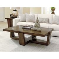 Alternate view of Esplanade Cocktail Table, featuring smooth satin sheen, wood, cherry wood, and integrated lower shelf.