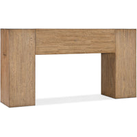 Console Table, shown in natural brown and medium oak tan with solid wood, mindi wood, and open knee clearance under apron.