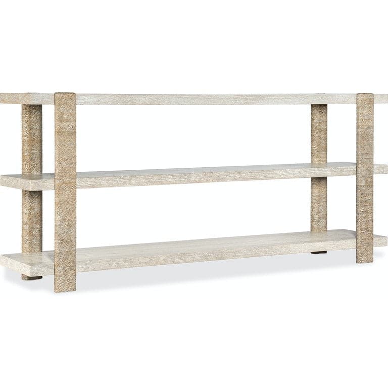 Commerce & Market Console Table, shown in light beige and warm taupe with wood and woven natural fiber wrap.