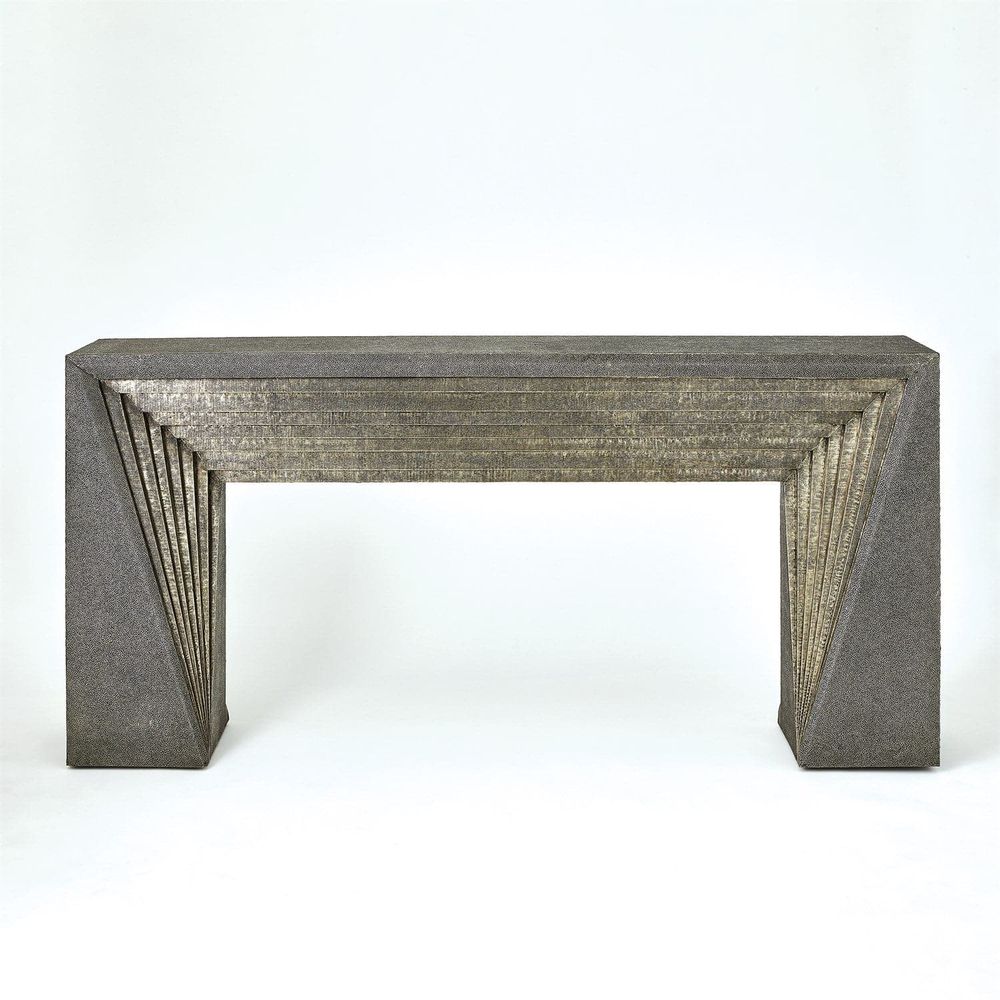 Deco Console, shown in charcoal gray and antique gold with textured composite, wood, and open knee space.