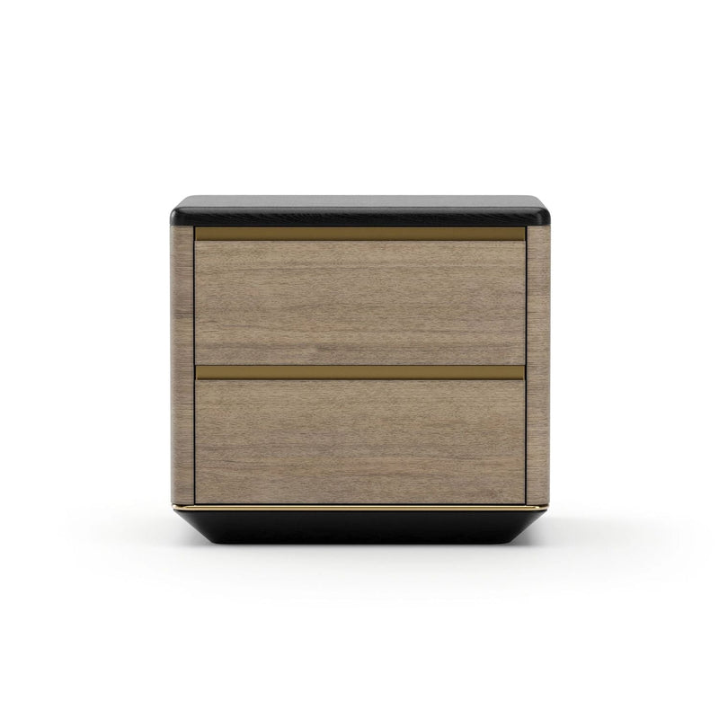 Madera Plinth Nightstand, shown in light oak brown and black with wood veneer, solid wood, and two full-width drawers.