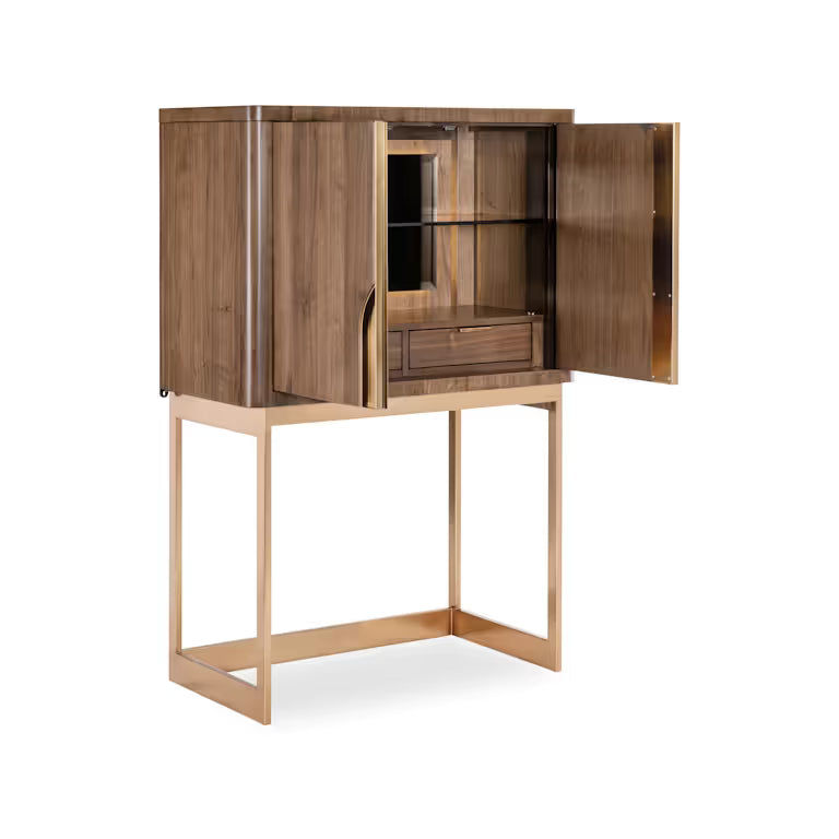 Additional view of Eleana Bar on Stand, featuring brushed brass finish, wood, metal, and integrated storage drawer.