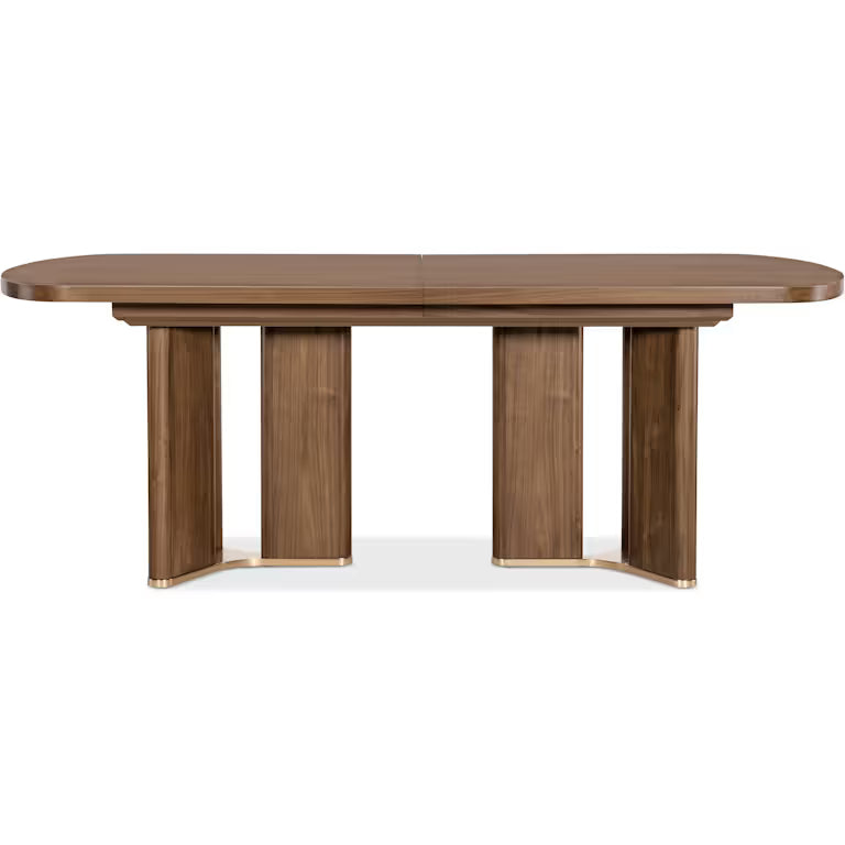 Eleana Rectangle Dining Table with Two 20-inch Leaves, shown in medium walnut brown and warm amber wood with wood and metal.