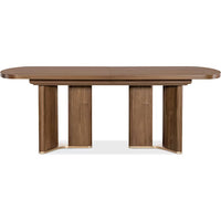 Eleana Rectangle Dining Table with Two 20-inch Leaves, shown in medium walnut brown and warm amber wood with wood and metal.