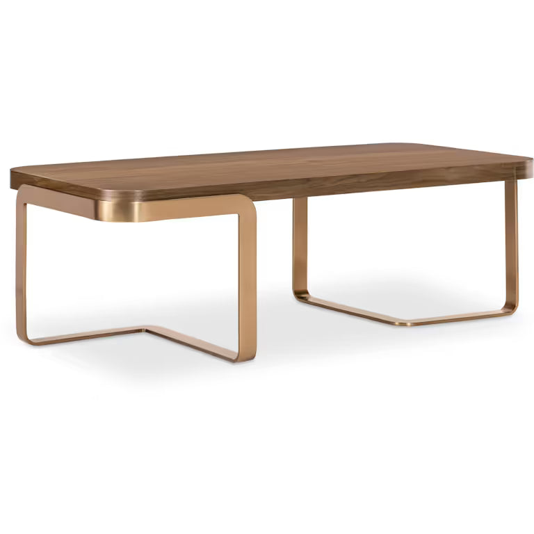Additional view of Eleana Cocktail Table, featuring wood, metal, and open sled base allowing under-table clearance.