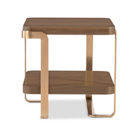 Eleana End Table, shown in walnut brown and champagne gold with wood, metal, and two-tier open shelving.