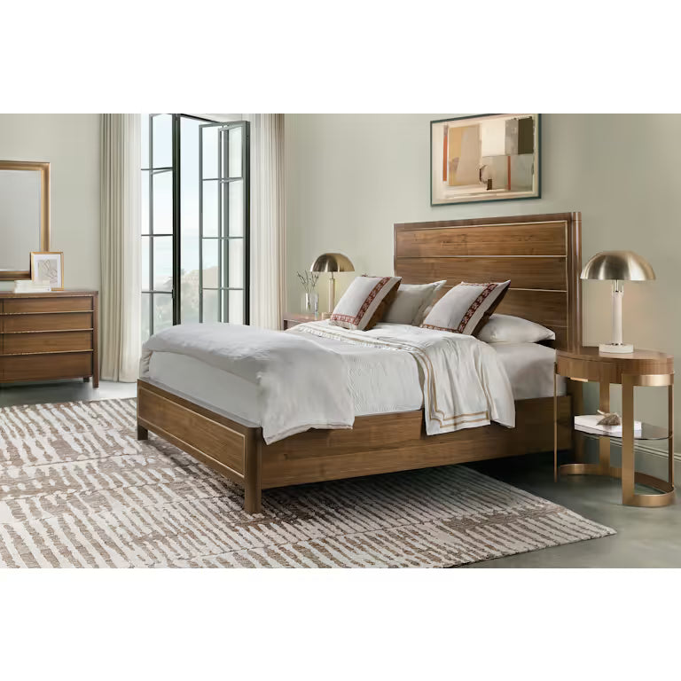 Alternate view of Eleana Panel Bed, featuring brushed brass finish, wood, metal, and panel headboard.