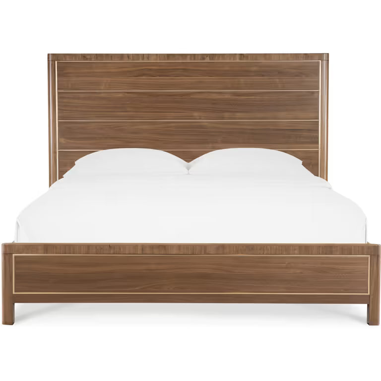 Eleana Panel Bed, shown in medium brown with wood, metal, and panel headboard.