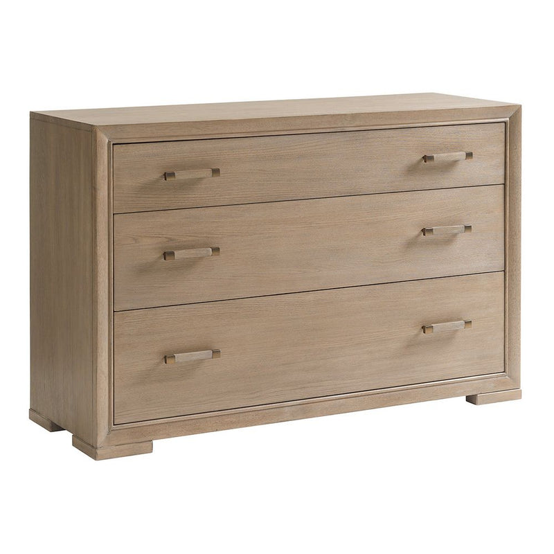 Barwick Hall Chest, shown in light taupe and warm gray-beige with wood veneer, elm, and three full-width drawers.