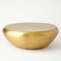 Alternate view of Goa Cocktail Table, featuring hammered finish, metal, and a solid continuous drum base.