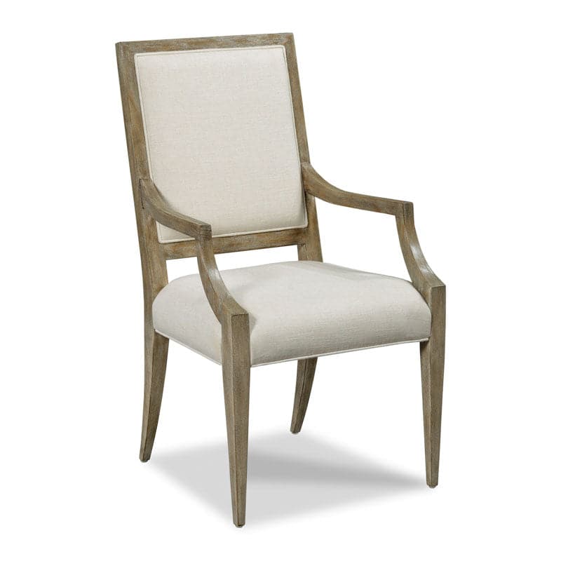 Callisto Arm Chair, shown in ivory and weathered taupe with oak wood, woven fabric, and fixed arms.