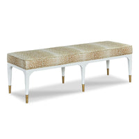 Juliet Bench, shown in beige and white with upholstery fabric, wood, and a backless armless upholstered seat.