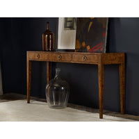 Additional view of Three Drawer Console, featuring painted matte finish, wood, burl veneer, and three integrated drawers.