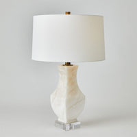 Alabaster Square Urn Lamp, shown in cream and white with alabaster, fabric, and a table lamp base.