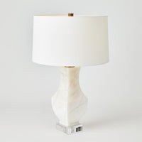Additional view of Alabaster Square Urn Lamp in cream and white, featuring polished stone finish and a table lamp base.