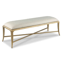 Gatsby Bench, shown in cream and antique gold with linen, metal, and backless armless bench seating.