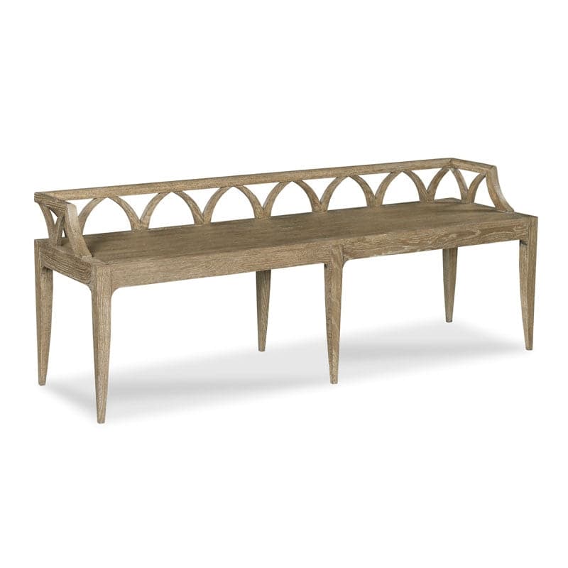Cascade Bench, shown in light taupe and alabaster gray with wood, fabric, and open arched backrest.