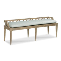 Alternate view of Cascade Bench, featuring painted matte finish, wood, fabric, and open arched backrest.