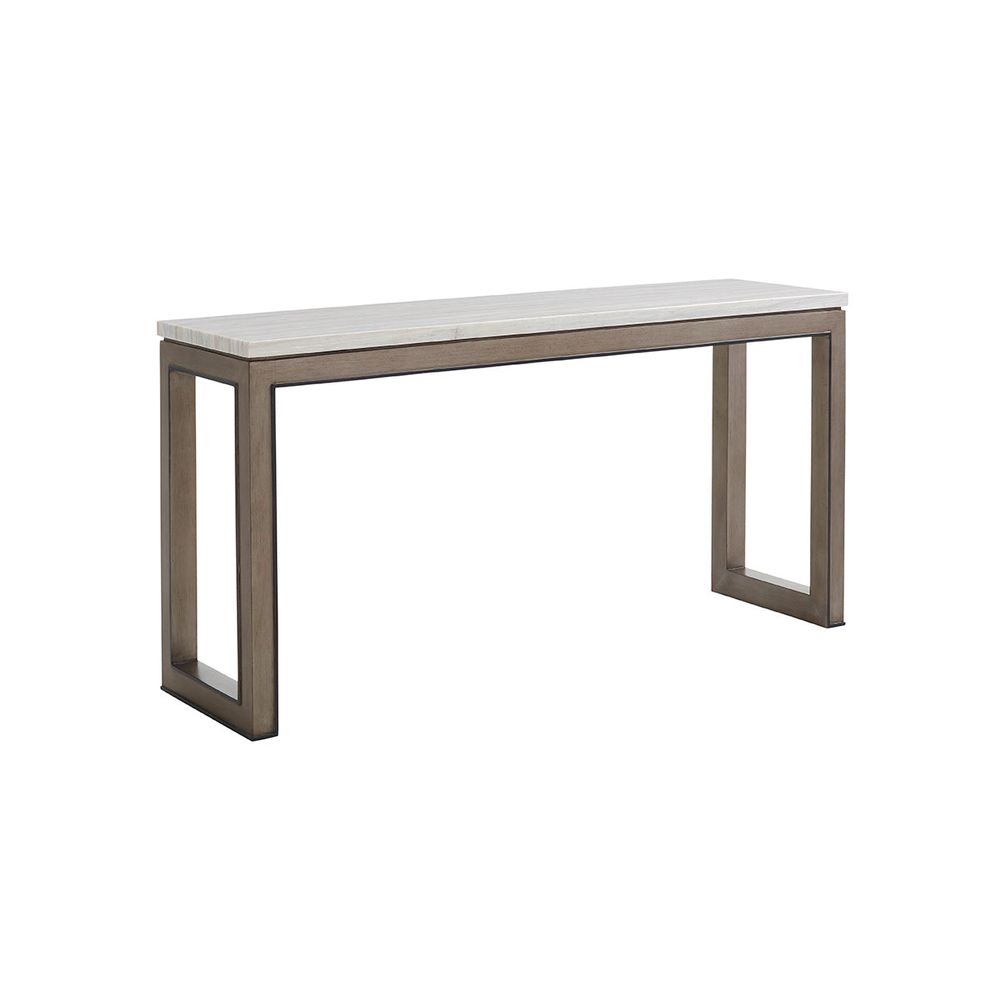Vernay Console, shown in ivory and charcoal with marble, wood, and open understructure for nested seating or storage.