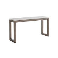 Vernay Console, shown in ivory and charcoal with marble, wood, and open understructure for nested seating or storage.