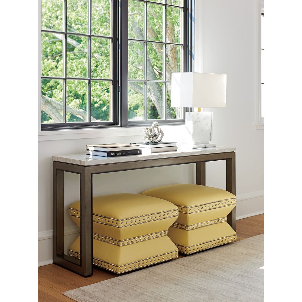 Alternate view of Vernay Console in ivory and charcoal with elongated rectangular slab top on open rectangular frame legs.