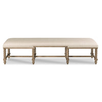 Nathaniel Bench, shown in beige and light oak with wood, fabric, and long bench seating.