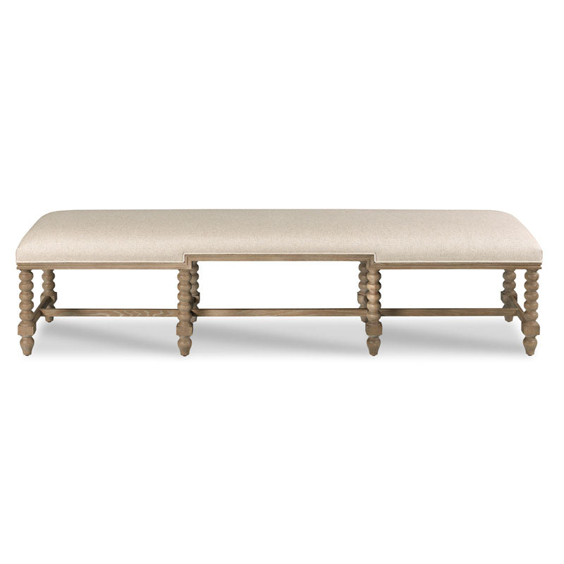 Nathaniel Bench, shown in beige and light oak with wood, fabric, and long bench seating.