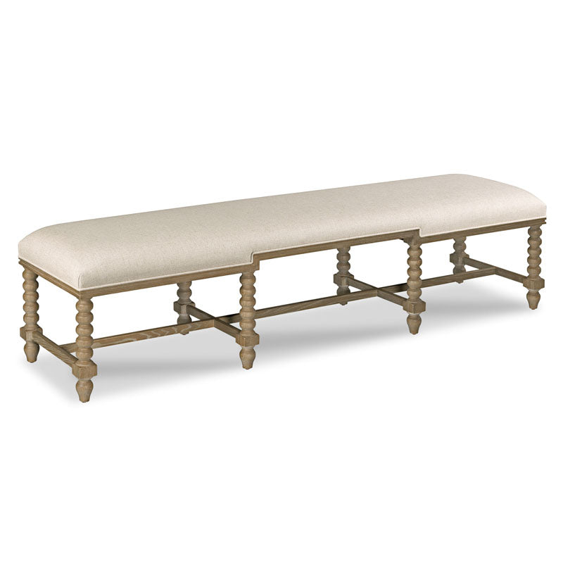 Alternate view of Nathaniel Bench, featuring painted finish, wood, fabric, and long bench seating.