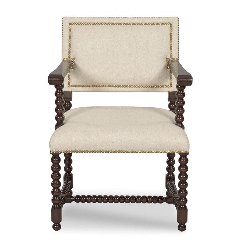 Additional view of Longmont Arm Chair in cream and dark brown, featuring nailhead trim finish and fixed arms.