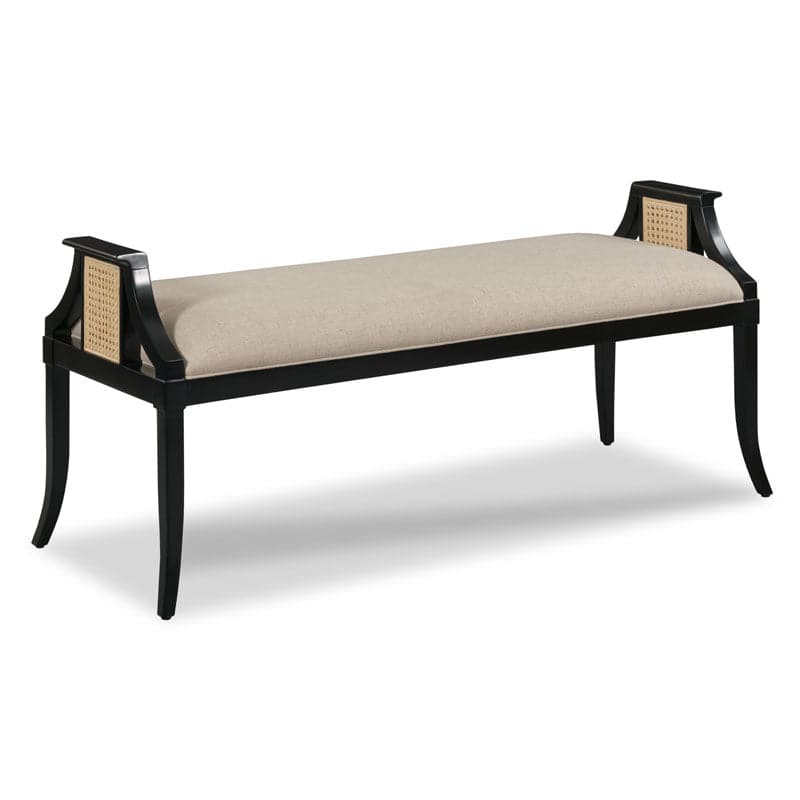 Keswick Bench, shown in black and beige with hardwood, cane, and fixed armrests with cane inserts.